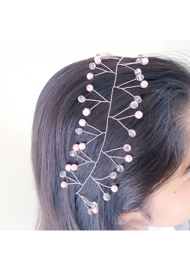 Toz Pembe Incili Ve Kristal Boncuklu Gelin Tacı