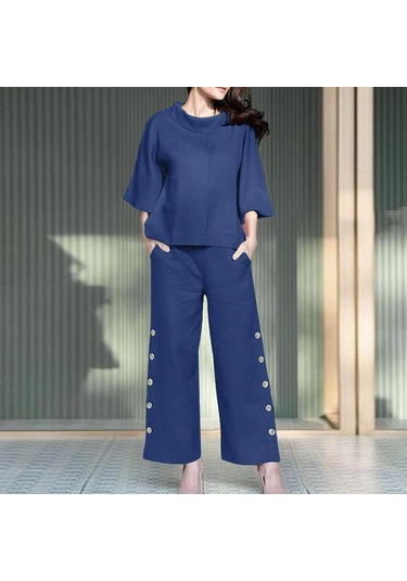 Zanzea Pamuklu Kıyafetler Bayan Bluz Ve Pantolon Yaz İki Parçalı Takım Elbise Set Mavi