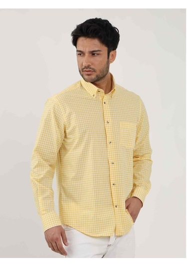 Dufy Sarı Erkek Regular Fit Kareli Brent Düğmeli Yaka Uzun Kol Gömlek - 102349-sarı Sarı