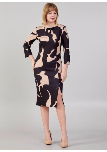 Modatalika Kadın Desenli Yakada Taş Detayı Truvakar Kollu Şık Midi Boy Elbise BEJ Bej