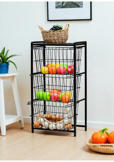 Dekoratif Siyah Metal Sebzelik 3 Raflı Tel Sepetli Çok Amaçlı Stand Siyah