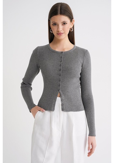 6931 Kadın Düğmeli Fitilli Triko Hırka Antrasit Antrasit