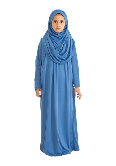 İki Parça Çocuk Elbisesi Seti Eşarp İle Takım İndigo