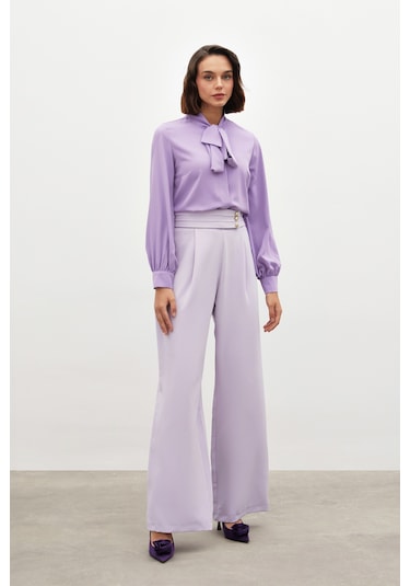 Sateen Bel Detaylı Pantolon - Lila