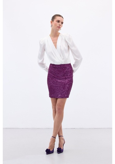 Sateen Payetli Mini Etek - Mürdüm-136651 Mürdüm