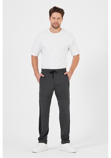 Erkek Antrasit Standart Fit Normal Kesim Düz Paça Cep Fermuarlı Rahat Jogger Eşofman Altı Antrasit