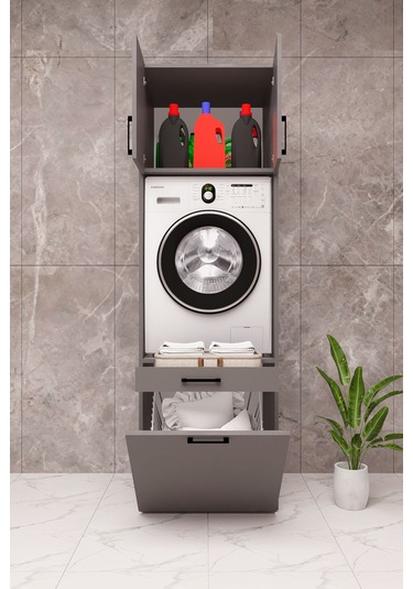 Mdf Çamaşır Makinesi Dolabı Sepetli Antrasit