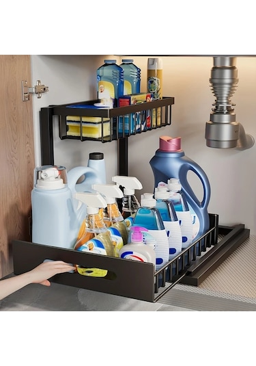 Honeybeeshop Lavabo Altı Düzenleyici Beyaz 1 Paket Kayar Çekmece Rafları Mutfak Banyo Kiler Dolabı Düzenleme Rafı Metal Sürgülü Çekmeceler Beyaz