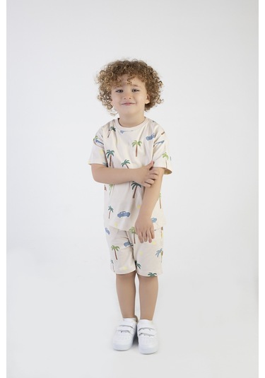Erkek Çocuk Palmiye Baskılı Çizgili Kısa Kollu Şortlu Alt Üst Takım 001