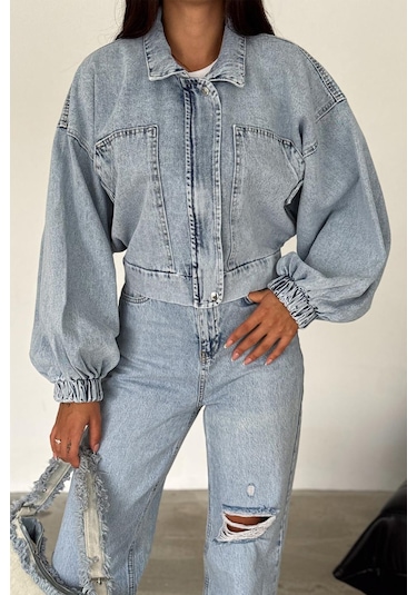Kadın Açık Mavi Kısa Denim Ceket Elastik Manşetli Crop Model Mavi