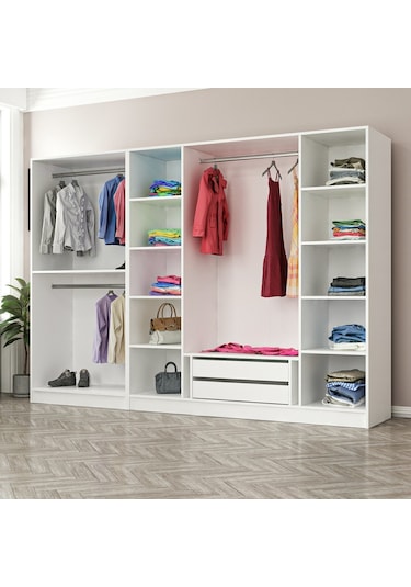 Minar Kale 6 Bölmeli 2 Çekmeceli Giyinme Dolabı Beyaz 190cm Beyaz