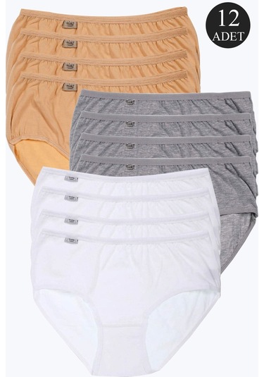 Kadın Beyaz Gri Ten Rengi Pamuklu Yüksek Bel Bato Külot 12'li Paket 001
