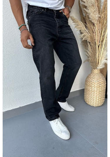 Baggy Bol Kesim Siyah Eskitme Yıkamalı Rahat Kalıp Kot Pantolon Siyah