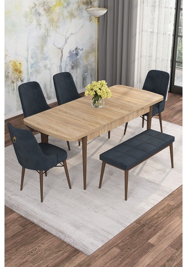 Mona Meşe 80x132 Açılabilir Mdf Masa Yemek Odası Takımı, Mutfak Takımı 4 Sandalye, 1 Bench Meşe Masa - 4+1 Antrasit - Ceviz Ayak