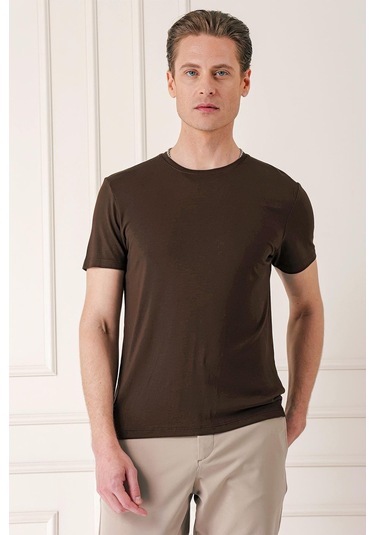 Slim Fit Bisiklet Yaka Düz Pamuklu Kahverengi Tişört Ts 823 Kahverengi