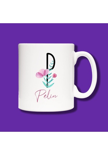 Kişiye Özel P Harfli Çiçek Tasarımlı İsme Özel Eko Kupa Bardak Beyaz