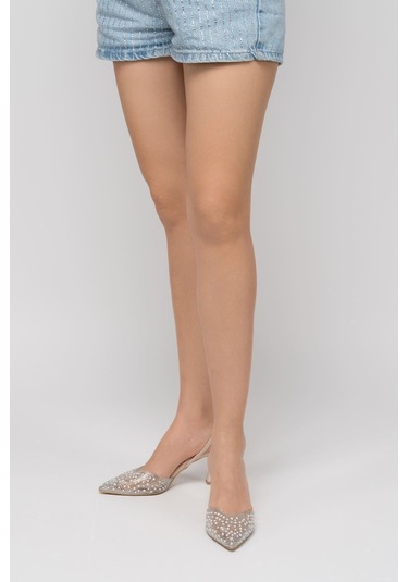 V-1005 Bej Günlük Arkası Açık Taşlı Topuklu Bayan Ayakkabı Bej