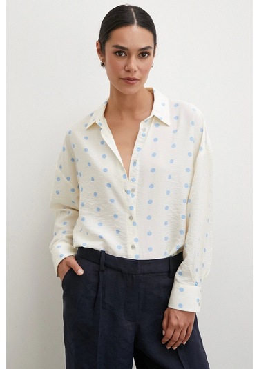 Never More Puantiyeli Oversize Gömlek Ekru
