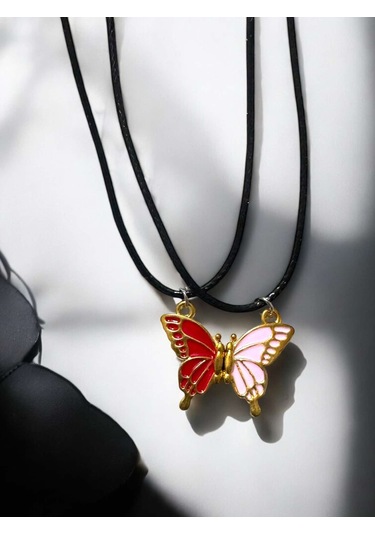 Kelebek İki Renk Iki Adet Mıknatıslı Çift Sevgili Kolye Takı Çok Renkli