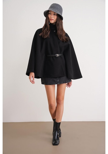 4768 Kadın Kemerli Panço Premium Kaşe Ceket Siyah Siyah