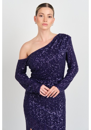 Explosion Kadın Full Pul Payetli Tek Omuz Detaylı Abiye Elbise 7687 Mor Mor