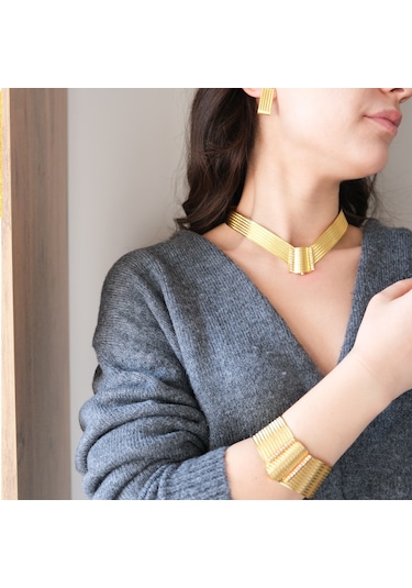 Ferizz Altın Kaplama Trabzon Hasır Kolye, Küpe, Kelepçe Set Altın