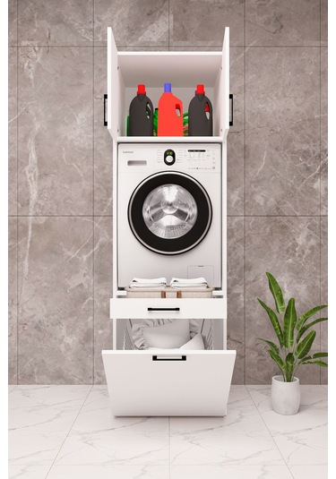 Mdf Çamaşır Makinesi Dolabı Sepetli Beyaz
