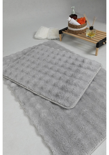 Modern Bubble Yıkanabilir Kaymaz Peluş Banyo Paspası Halısı 2'li Klozet Takımı 50x80-50x40cm Gri