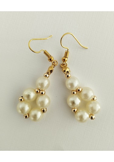 K204 İncili Sallantılı Küpe Altın - Beyaz