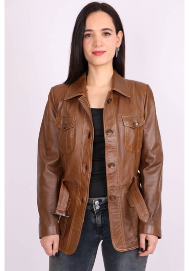 Kahverengi Hakiki Deri Yakalı Kemerli Düğmeli Mont Kaban