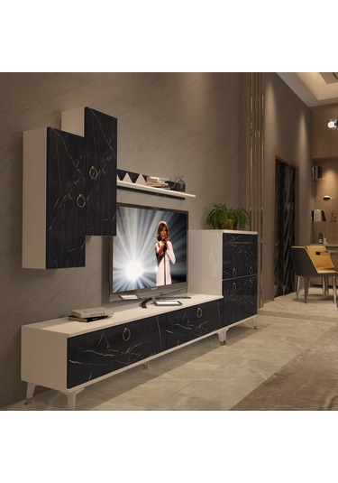 Decoraktiv Eko 6 Mdf Std Gold Tv Ünitesi Tv Sehpası Beyaz - Siyah Mermer
