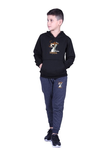 Kapüşonlu Kanguru Cepli California Baskılı Erkek Çocuk Eşofman Takımı Siyah - Füme