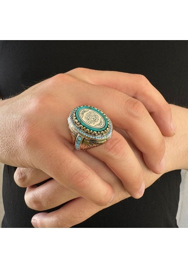 925 Ayar Gümüş Kehribar Taşlı Kelime-i Tevhid Yazılı Erkek Yüzük Gümüş