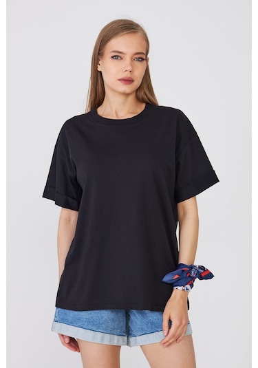Hdm Kadın Siyah Basic Oversize %100 Pamuklu Rahat Kesim Günlük Tişört - H6041