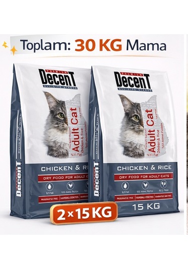 Decent Tavuk Etli Yetişkin Kedi Maması 15 Kg 2 Adet