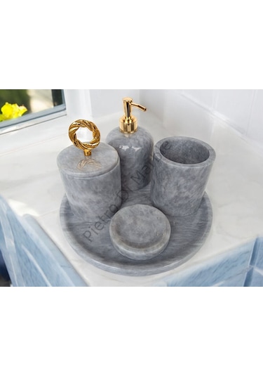 Gri Mermer Klasik Model 5 Parça Gold Renk Halka Aksesuarlı Banyo Seti Gri
