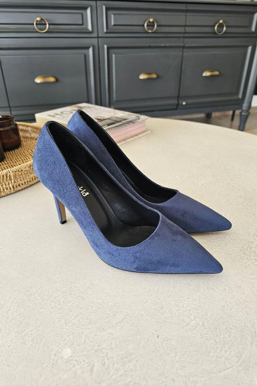 10 1814 Topukla Kadın İnce Topuklu Stiletto Ayakkabı Lacivert Süet
