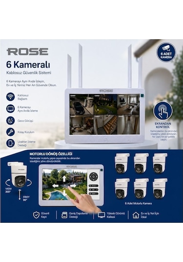 Rose 6 Ptz Kameralı 10.1'' Lcd Ekranlı Sesli Kablosuz Wifi Kamera Seti