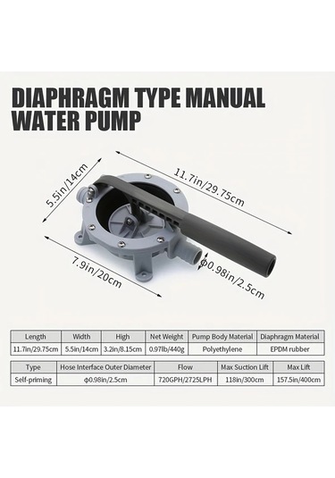Motion003 720gph Manuel Bilge Su Pompası Deniz Teknesi İçin Kendi Kendine Emişli Diyafram El Aleti Kauçuk Malzeme Gri Tek Paket Su Transferi