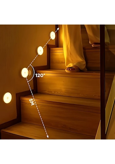 Honeybeeshop 5 Adet Beyaz Manyetik Gece Lambası İnsan Sensörü Led Küçük Yuvarlak Işık Koridor Dolap Merdiven Masa Okul Yatak Odası 200mah Beyaz
