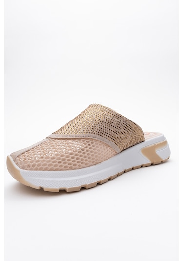 Luvishoes Glea Bej Taşlı Fileli Burnu Kapalı Kadın Terlik Bej