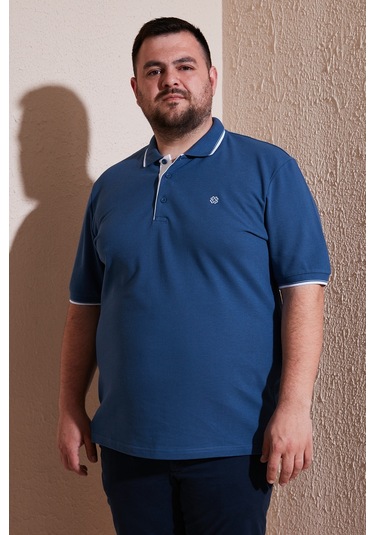 Buratti Büyük Beden Pamuklu Regular Fit Erkek Polo Yaka T Shirt 5902118B Koyu Mavi-Beyaz