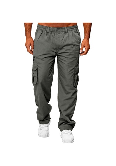 Erkek İlkbahar Ve Sonbahar Düz Paça Düz Renk Kargo Pantolon Günlük Çok Cepli Uzun Pantolon Bol Kesim Açık Hava Fitness Pantolonu Koyu Gri