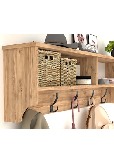 Bofigo Portmanto Duvar Askılığı Elbise Askılığı Raflı Duvar Askıl Çam