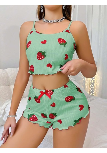 Kadın Yeşil Çilek Desenli Şortlu Pijama Takımı 5060 Yeşil