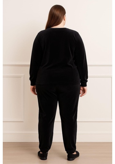 Kadın Büyük Beden 13213 Kadife Pijama Takımı Siyah Siyah