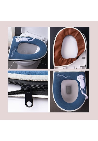 Gri 1 Adet Evrensel Klozet Kapağı Banyo Fermuarlı Tuvalet Kapağı Ped Kış Kalınlaşma Sıcak Yıkanabilir Kedi Karikatür Sevimli Klozet Kapağı