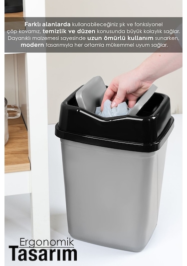 Çift Kapaklı Plastik Çöp Kovası - Ev Ofis Banyo Mutfak Çöp Kovası Gri 10 Litre Gri
