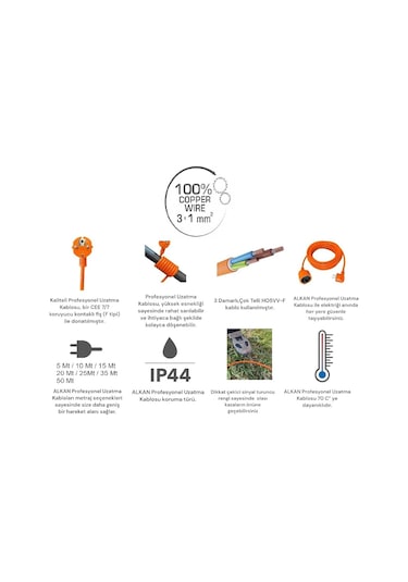 Alkan 3g 1.5 Mm² 2200w Profesyonel Uzatma Kablosu %100 Bakır Turuncu 5 Metre 5