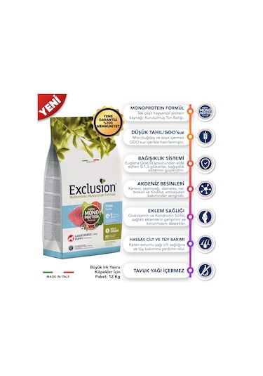 Exclusion Monoprotein Düşük Tahıllı Ton Balıklı ve Narlı Büyük Irk Yavru Köpek Maması 12 KG